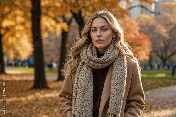 Fototapeta Young woman with confidence in a warm coat and scarf posing in a colorful autumn park