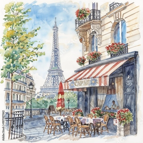 Fototapeta Charming Parisian cafe with Eiffel Tower view and colorful flowers in watercolor style
