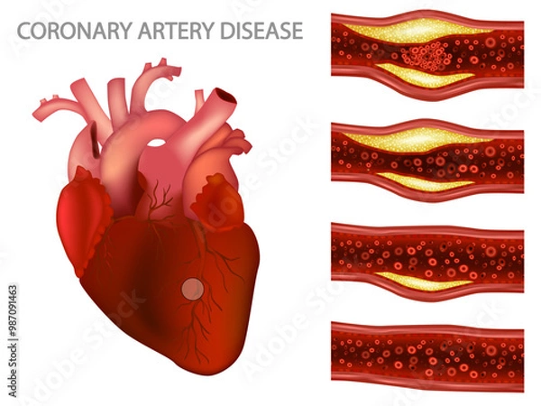 Obraz Coronary artery disease and Ischemic heart disease. Atherosclerosis in a coronary artery. Cardiovascular diseases. Reduction of blood flow to the cardiac muscle.
