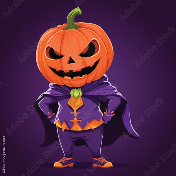 Fototapeta graphic illustration of a man with a pumpkin head in a scary robe at a Halloween celebration