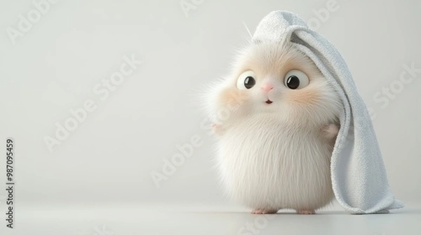 Obraz A cute capybara, fluffy and chubby, with a small towel adorably placed on its head. This cartoon-style illustration captures its interesting expressions and exaggerated movements