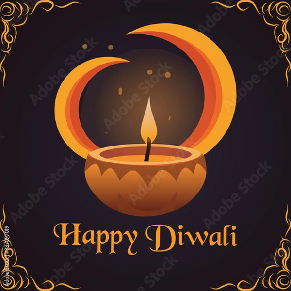 Fototapeta Happy Diwali background illustration with candles and a picture of a shining crescent moon