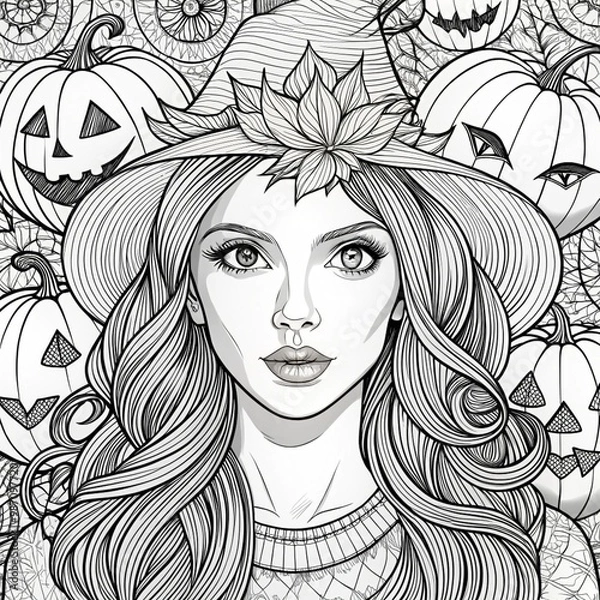 Obraz Halloween Beauties Coloring page Grayscale Halloween Women Coloring Pages for Adults