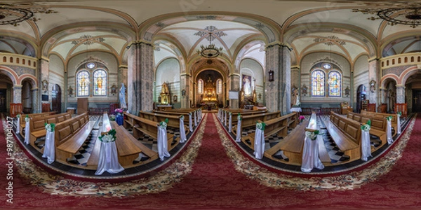 Fototapeta  spherical seamless hdri 360 panorama near altar inside of catholic church, architectural monument of gothic with arches and frescoes in equirectangular projection