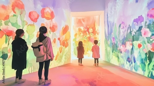 Fototapeta A vibrant art gallery filled with colorful floral projections, showcasing children's fascination and creativity in a whimsical environment.