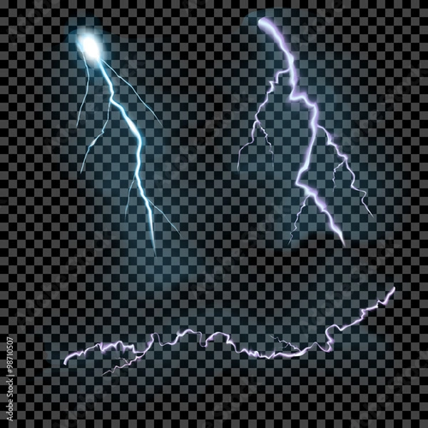 Fototapeta Vector set of isolated realistic transparent lightning bolts on black grey background