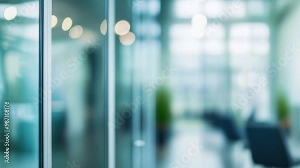 Fototapeta An out-of-focus shot of a modern office interior with glass walls and a blurred background.