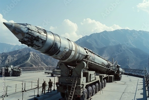 Fototapeta A detailed view of a long-range missile launcher, positioned on a military base, with personnel in the background preparing for launch.