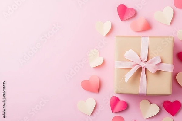Obraz Gift box and paper hearts on a pink background.