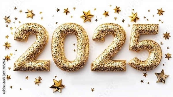 Fototapeta 3D golden text "2025" with glitter and stars on a white background, PNG file of the word "characteristics", AI Generative