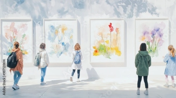 Obraz Visitors explore an art gallery showcasing vibrant watercolor paintings on bright walls, capturing creativity and inspiration.