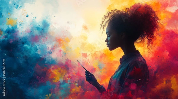 Fototapeta Young painter contemplates her next brushstroke amid a backdrop of vivid hues