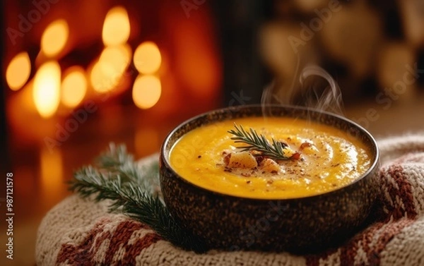 Obraz Warm Pumpkin Soup by the Fireplace