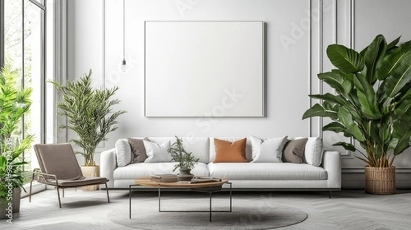 Fototapeta A modern living room with minimalist furniture, a cozy sofa, a coffee table, and indoor plants, AI Generative