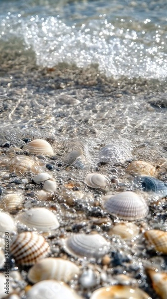 Obraz Seashells scattered on a beach with a small wave breaking over them.
