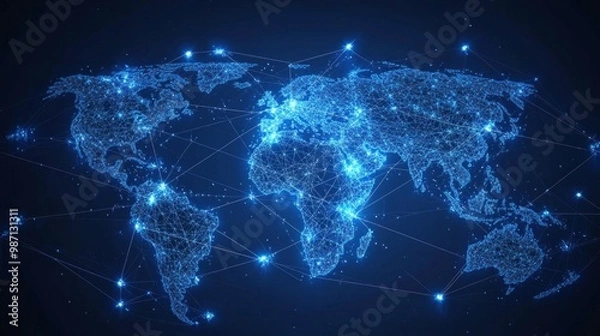 Fototapeta Abstract digital map of the world with glowing connections and global network concept on a dark blue background, AI Generative