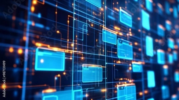 Fototapeta Abstract network grid with files and folders, futuristic software interface, digital document management system, store, search and organize documents, AI Generative