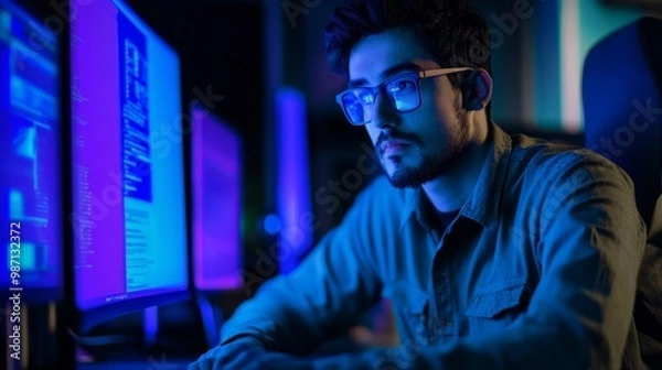 Fototapeta an engineer working on software testing ( shades as voilet technology ), AI Generative