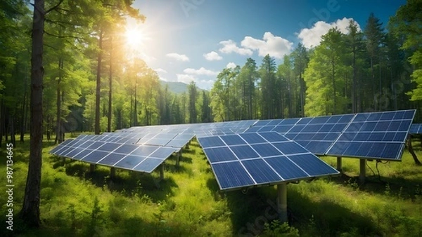 Obraz Solar Panels Installed in a Lush Green Forest Under Sunlight During Early Morning Hours