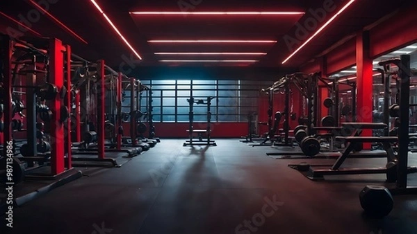 Obraz Modern Gym Interior With High-Tech Equipment and Vibrant Lighting in an Urban Setting During Evening Hours