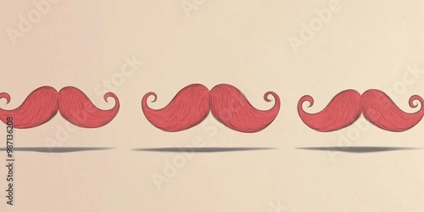 Fototapeta Three whimsical red mustaches in a playful arrangement against a beige background.