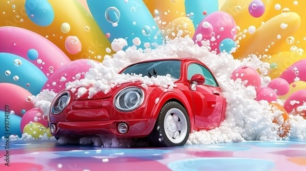 Obraz Colorful retro car covered in rich soap foam and bubbles at a vibrant car wash concept new beautiful stock image illustration AI