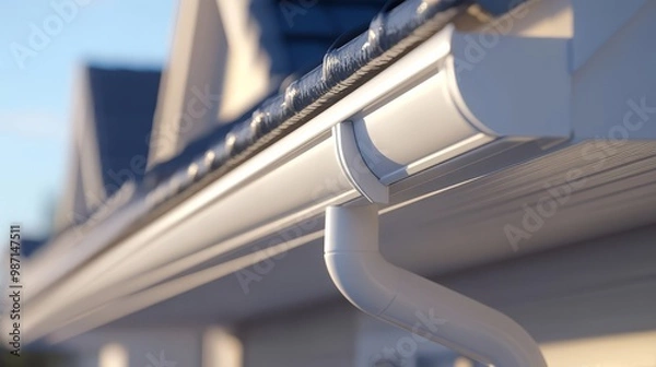 Obraz Close-up of a modern house gutter system with sunlight highlighting the clean and efficient design, ensuring proper rainwater drainage.