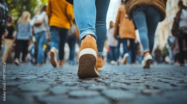 Fototapeta Close-up of feet walking on a cobblestone street, capturing the urban hustle and diverse fashion in a bustling city environment.