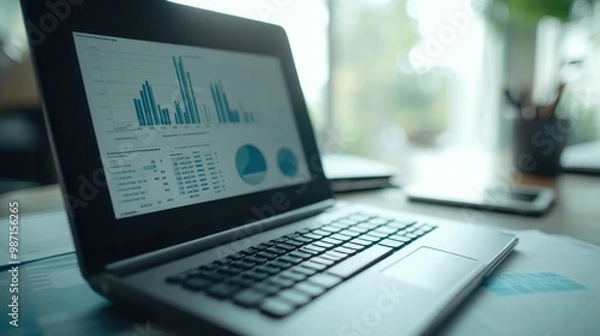 Fototapeta Laptop with Data Analysis on Screen