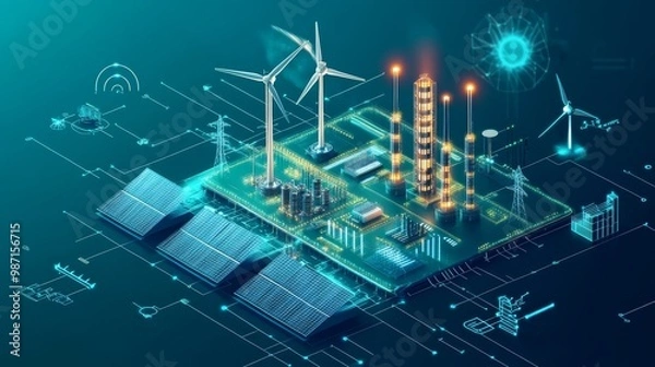 Fototapeta Innovative smart city energy grid with wind turbines, solar panels, and futuristic technology integration concept illustration