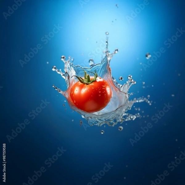 Fototapeta A red tomato falls into a blue liquid, causing a splash of water.