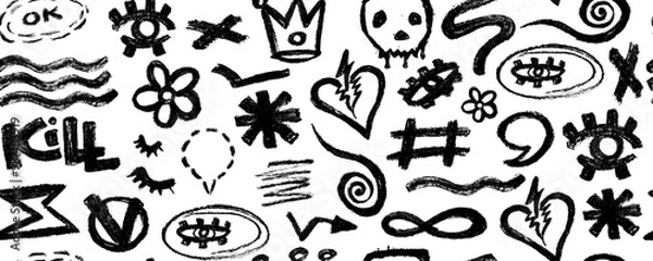 Fototapeta Vector seamless pattern with charcoal graffiti doodle punk and girly shapes . Hand drawn abstract scribbles and squiggles, creative various shapes, pencil drawn icons.
