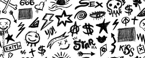 Fototapeta Vector seamless pattern with charcoal graffiti doodle punk and geometric shapes . Hand drawn abstract scribbles and squiggles, creative various shapes, charcoal drawn icons.