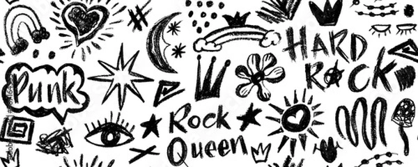 Fototapeta Vector seamless pattern charcoal graffiti doodle punk and girly shapes . Hand drawn abstract scribbles and squiggles, creative various shapes, pencil drawn icons. Scribbles, scrawls, stars, crown,  