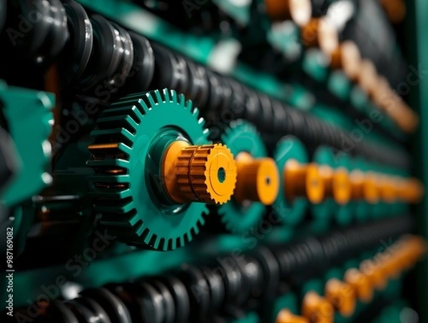 Fototapeta Close-up of gears in a machine, intricate details and vibrant colors.