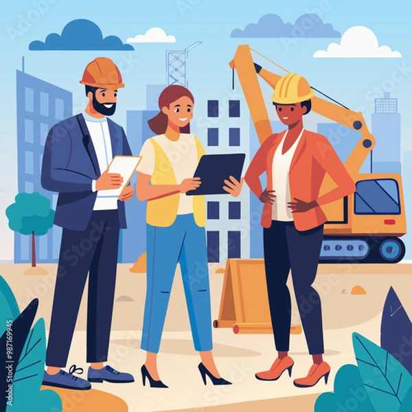 Fototapeta Construction Site With Excavators on Sunny Day: Diverse Team Of Male And Female Real Estate Developers Discussing Project. Engineer, Architect, Investor Talking About Apartment Building. Vector Art.