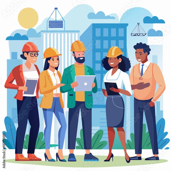 Fototapeta Construction Site With Excavators on Sunny Day: Diverse Team Of Male And Female Real Estate Developers Discussing Project. Engineer, Architect, Investor Talking About Apartment Building. Vector Art.