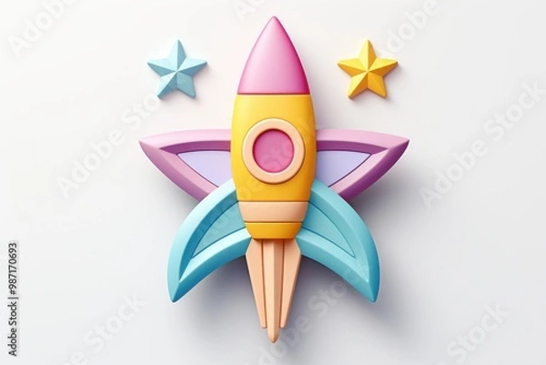 Obraz Colorful toy rocket surrounded by stars in a playful setting