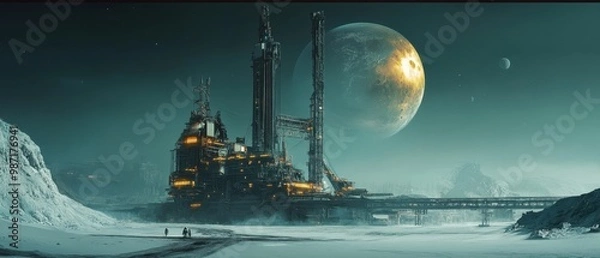 Obraz A colossal mining facility on a distant planet extracting resources from the surface