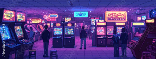 Fototapeta Retro Arcade Pixel Art in Illuminated Setting