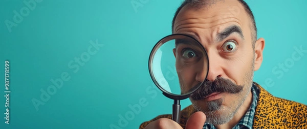 Fototapeta Funny looking man with moustache looking through magnifying glass loupe, closeup studio portrait, copy space on side. Generative AI
