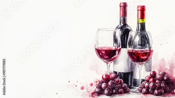 Fototapeta Watercolor image of wine bottle and glasses with grapes, light background. Copy space. Winery invitation. Generative AI
