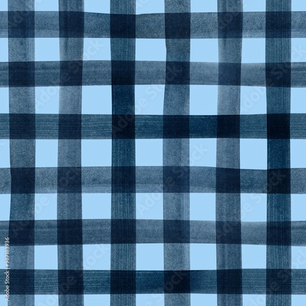 Obraz Hand painted illustration watercolor blue indigo stripes on blue background. Checkered seamless pattern. Plaid material. For fabric, sketchbook, wallpaper, wrapping paper, bags, for cards, banner.