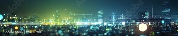 Fototapeta Abstract cityscape and tech industrial web header banner, representing digital transformation in business.