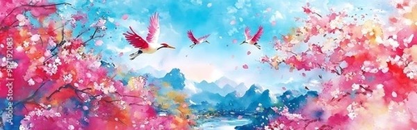 Fototapeta Vibrant colorful Landscape with Cherry Blossoms and Flying Cranes, Spring Scene - Generative AI