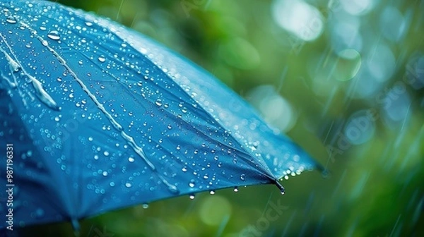 Fototapeta Nature's Symphony: Captivating Raindrops Dance on an Umbrella Amidst a Lush Green Oasis