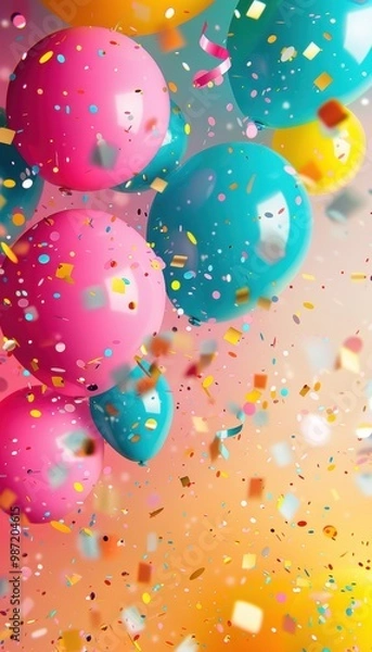 Fototapeta Playful Abstract Birthday Background with Bold, Bright Balloons and Colorful Confetti for Celebration Design