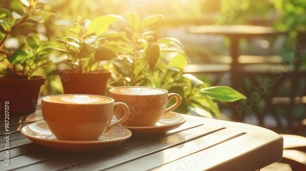 Fototapeta A cup of coffee on a wooden table in a coffee shop against the background of nature, 3D rendering, photorealistic style 