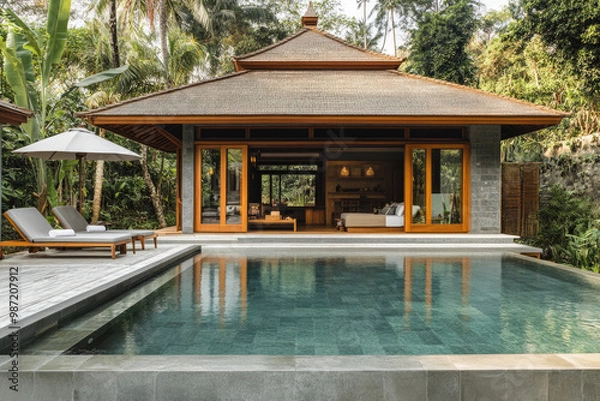 Fototapeta an elegant two-story villa with stone walls, wooden flooring, and a pool in front. The interior is decorated in a modern, contemporary style, while the exterior features traditional Thai architecture