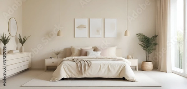 Obraz modern bed room interior with sofa , cream  color background . Generated by AI